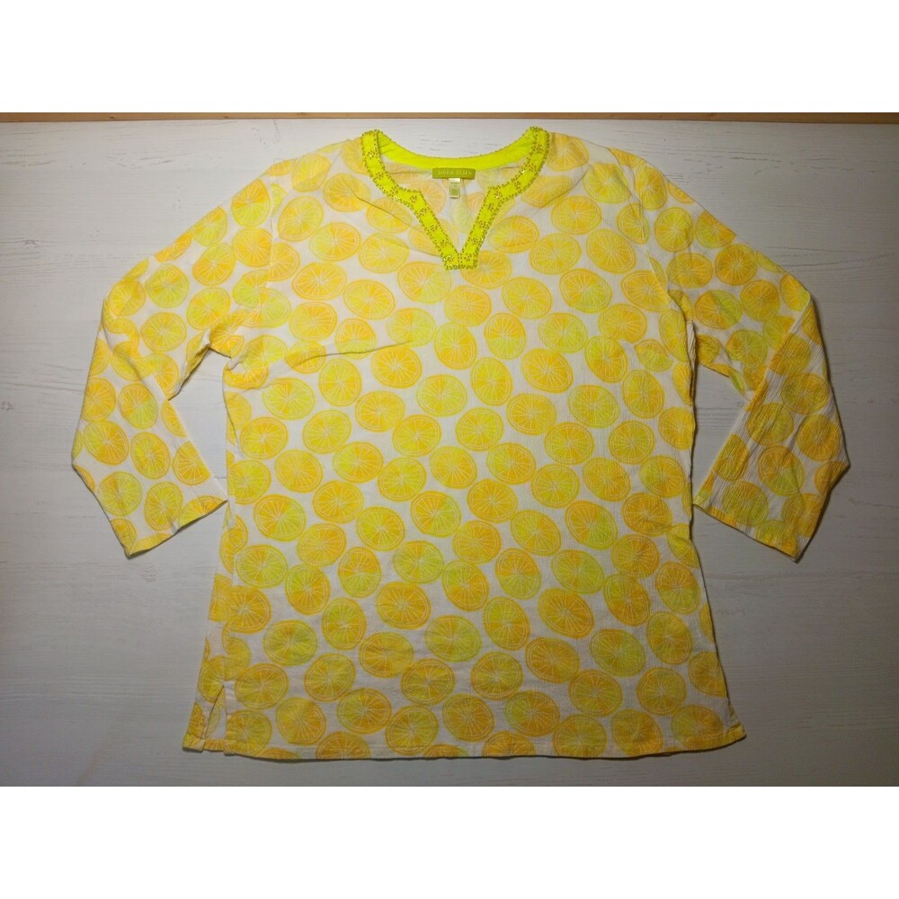 Sigrid Olsen V Neck Tunic Top Size 1X  3/4 Sleeve Citrus Print Green Yellow